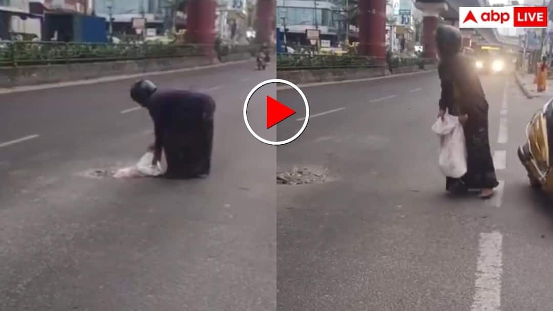 The woman herself filled the pothole on the road, after watching the video people said – the public has lost the system